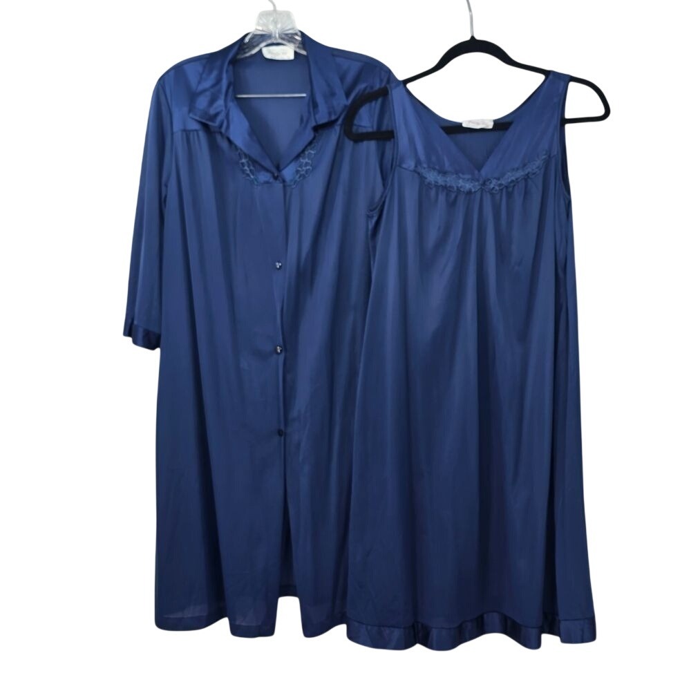 Vanity Fair Vintage Navy‎ Blue Nylon Tricot Nightgown and Robe Set Woman Medium